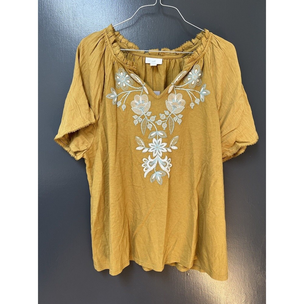NWT J. Jill Top Women's LP Mustard Embroidered Floral Short Sleeve